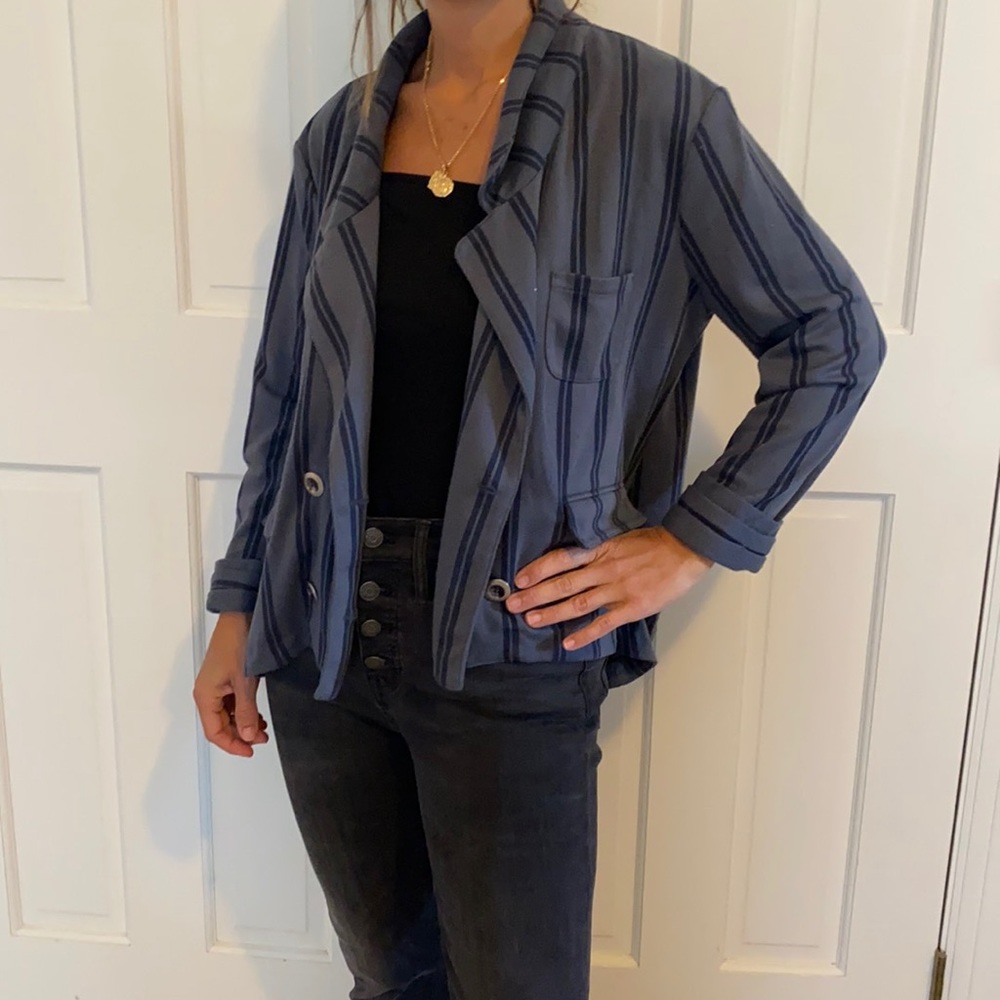 Free People Cotton Jersey Gray Striped  Blazer